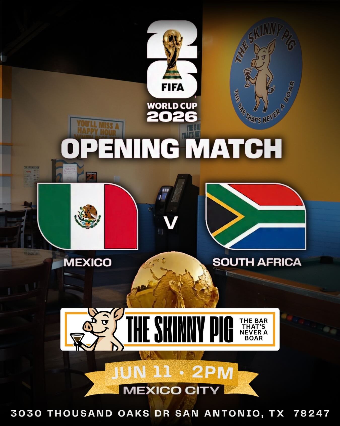 ⚽️ IT&rsquo;S MATCH DAY! ⚽️

The wait is over &mdash; the FIFA World Cup 2026 kicks off TODAY! 🇲🇽🇿🇦

Join us at The Skinny Pig at 2PM as Mexico takes on South Africa in the Opening Match. Grab a cold drink, claim your seat, and catch all the acti