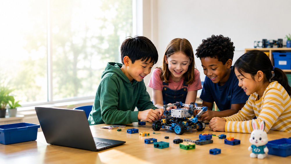 Kids building robots together in a classroom