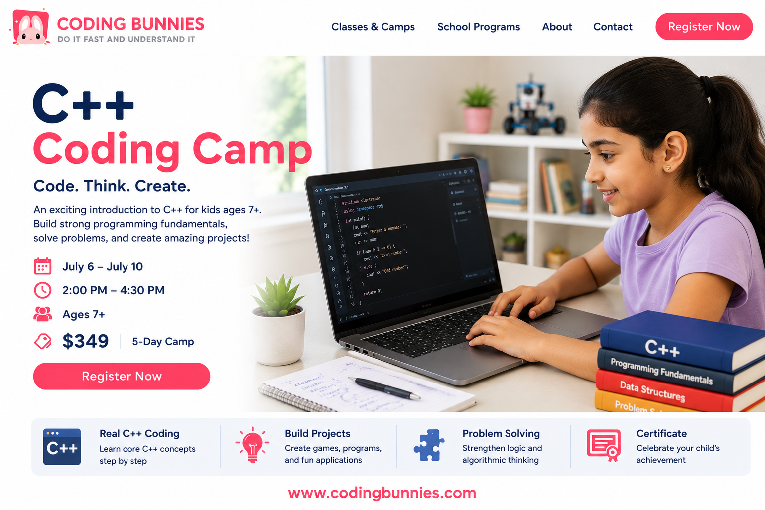 Student learning C++ coding on a laptop