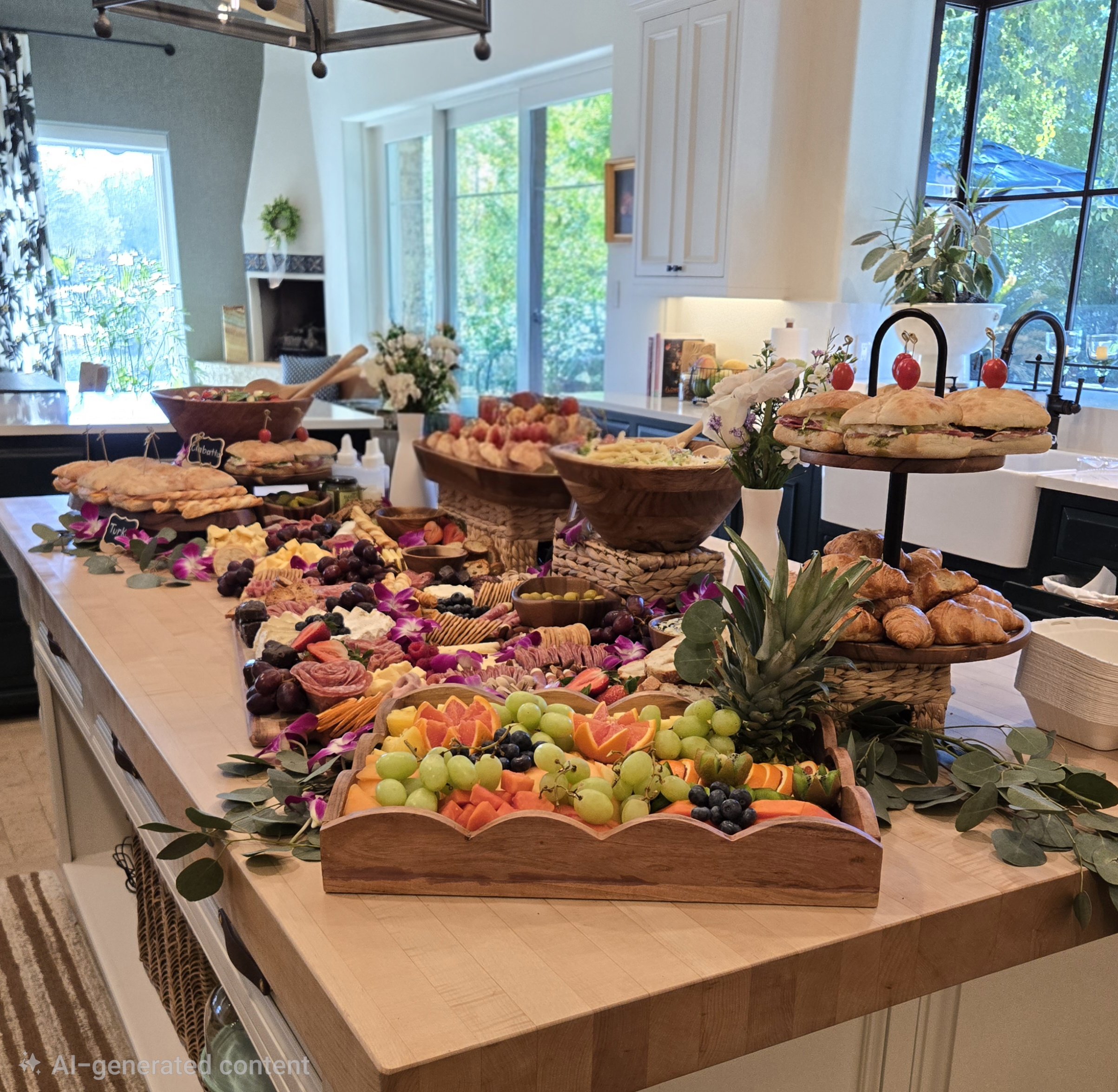 A kitchen countertop with a variety of food items, including bread sandwiches with cherry tomatoes on top, fresh fruits like grapes and orange slices, and bowls of snacks. There are decorative flowers and a plant on the counter, with large windows in the background showing greenery outside.