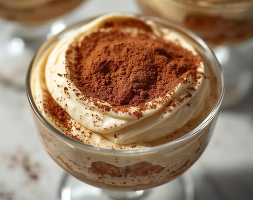 A glass cup of tiramisu dessert topped with whipped cream and cocoa powder.