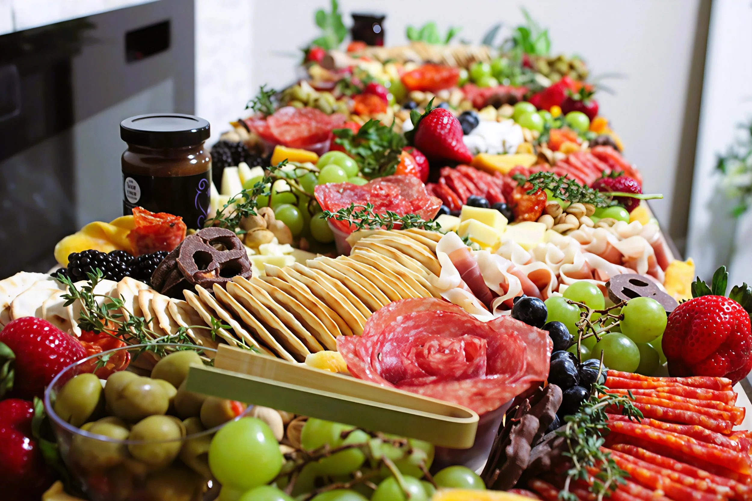 A large cheese and charcuterie board filled with grapes, strawberries, blueberries, sliced meats, cheese, crackers, and various garnishes.