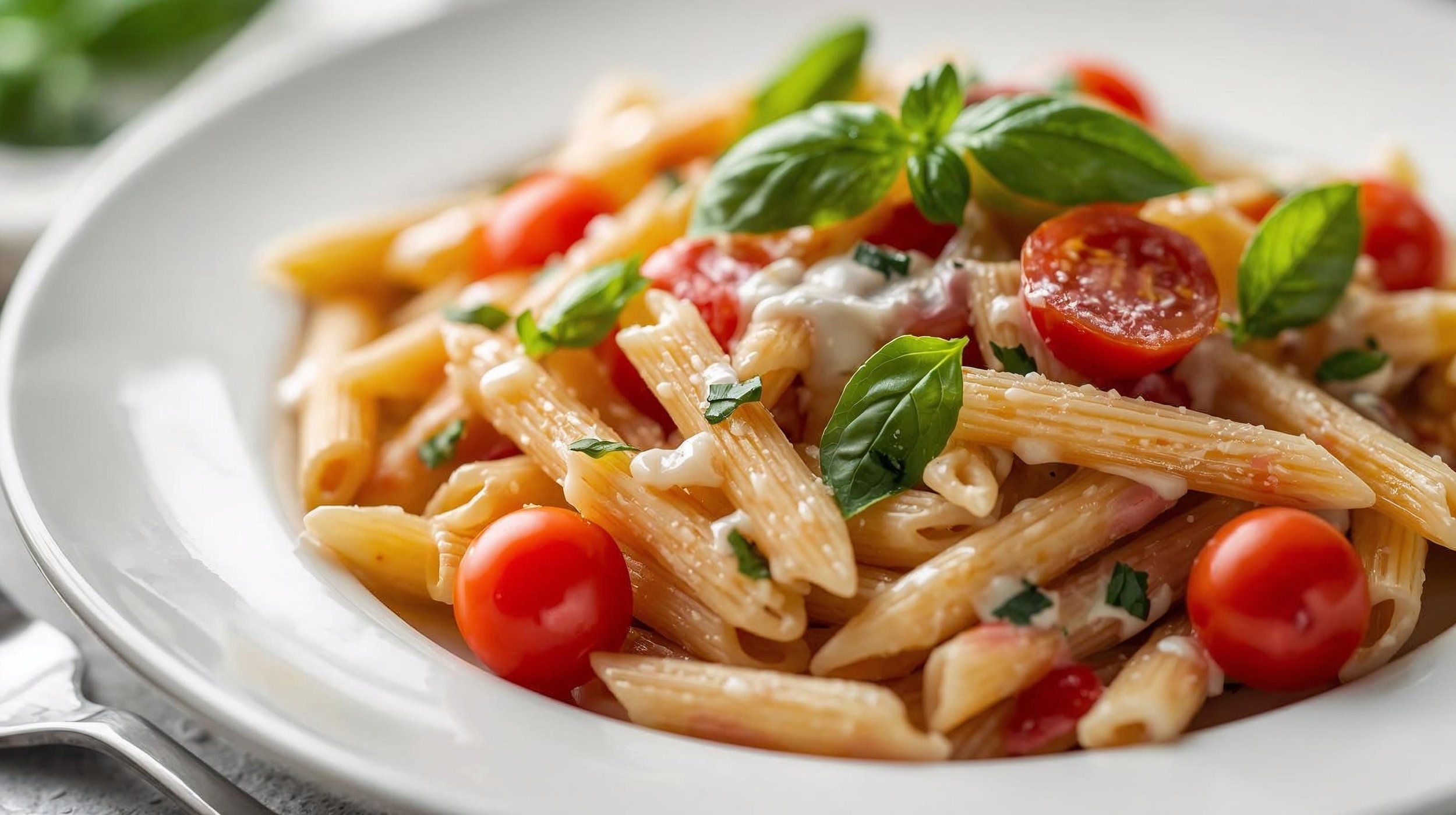 Pasta salad with cherry tomatoes, fresh basil, and creamy sauce in a white bowl.