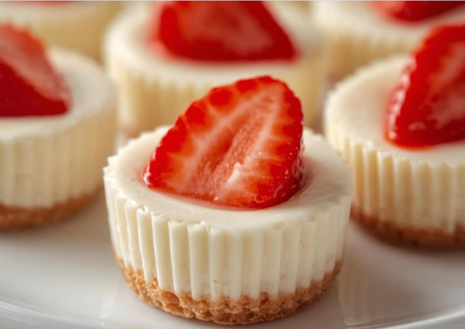 Cheesecake cups topped with sliced strawberries on a white plate.