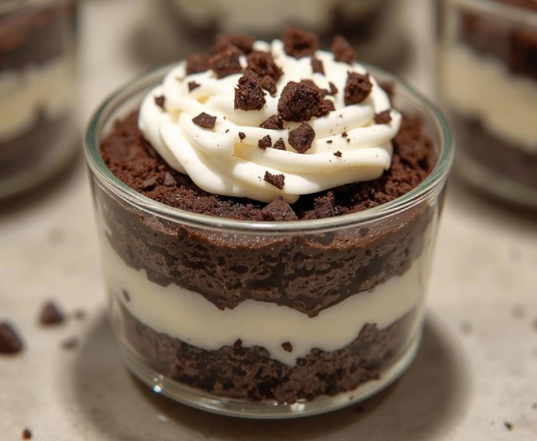 Close-up of a layered chocolate dessert in a glass cup, topped with whipped cream and chocolate crumbles.