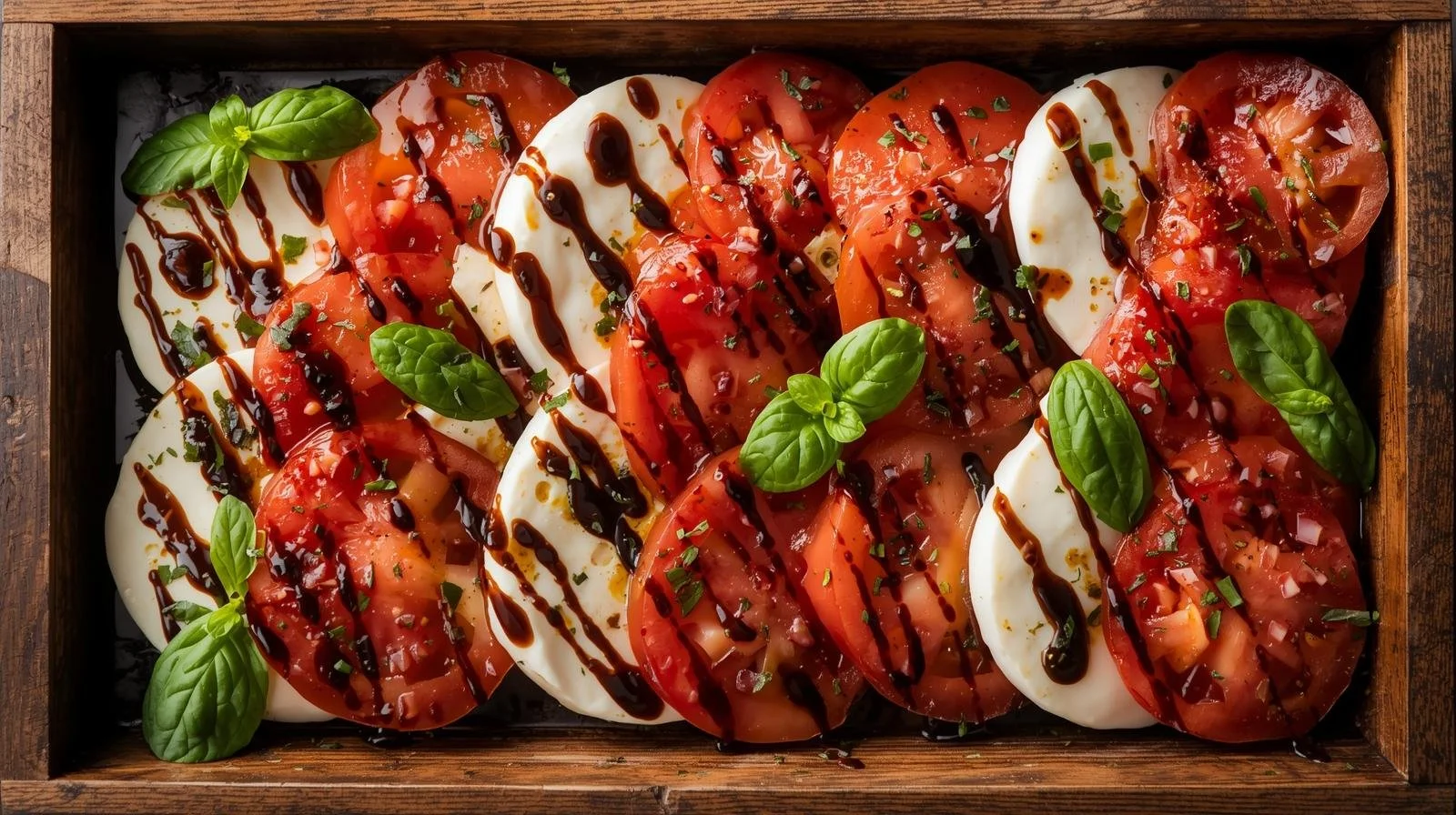 Caprese salad with slices of tomato and mozzarella cheese topped with fresh basil leaves, drizzled with balsamic glaze, in a wooden tray