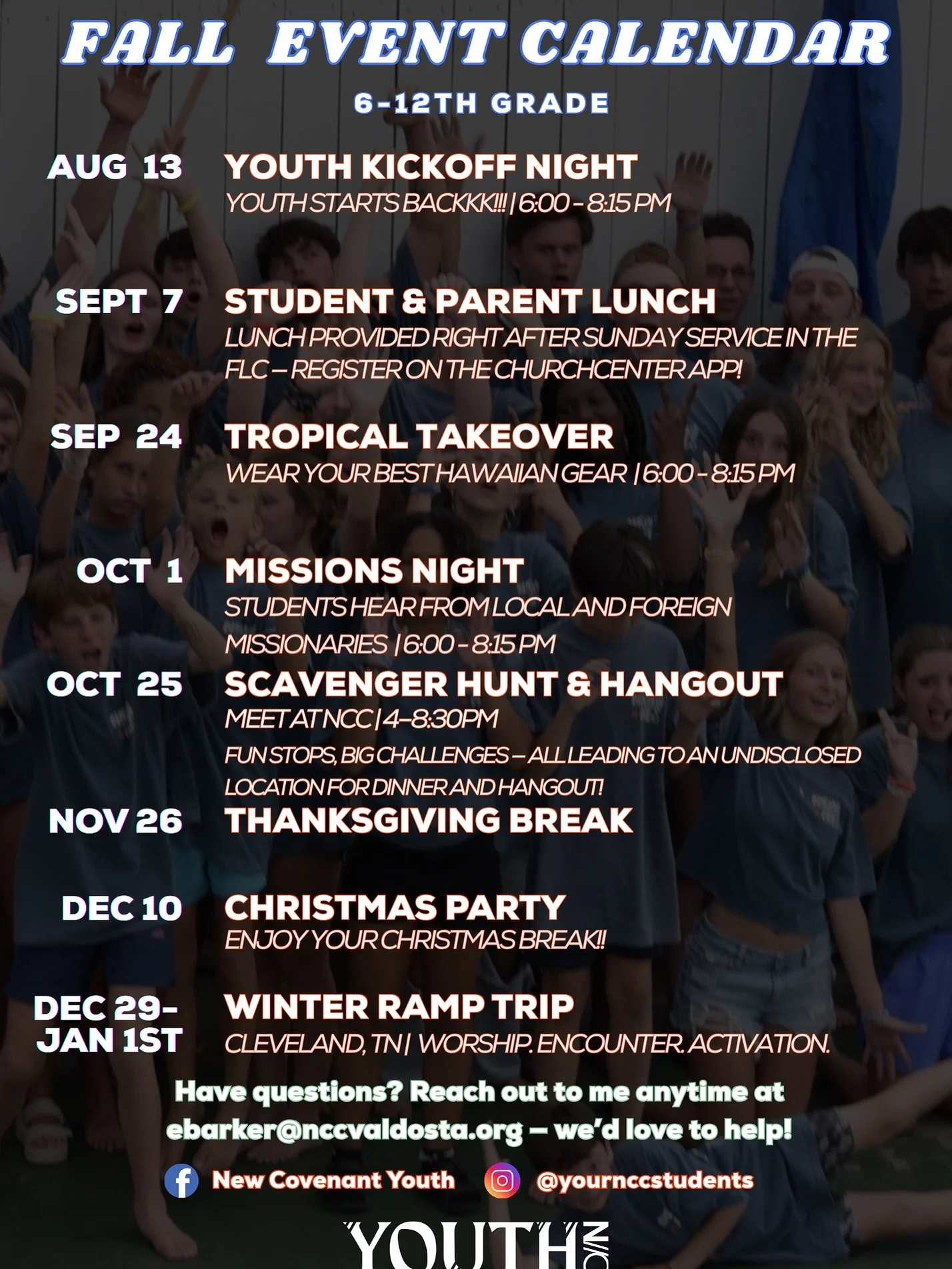 🔥 FALL IS HERE AT NEW COVENANT YOUTH 🔥

We&rsquo;re stepping into a semester packed with epic events &rarr; Tropical Takeover, Missions Night, Scavenger Hunt, Christmas Party, and even Winter Ramp!

And we&rsquo;re diving into powerful series like 