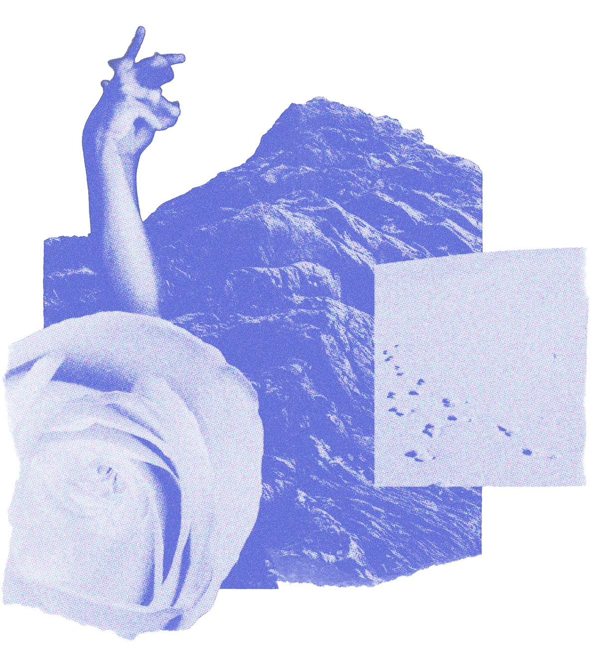 Composite image with a sculpture of a human figure, a mountain landscape, and abstract shapes, rendered in a blue monochrome style.