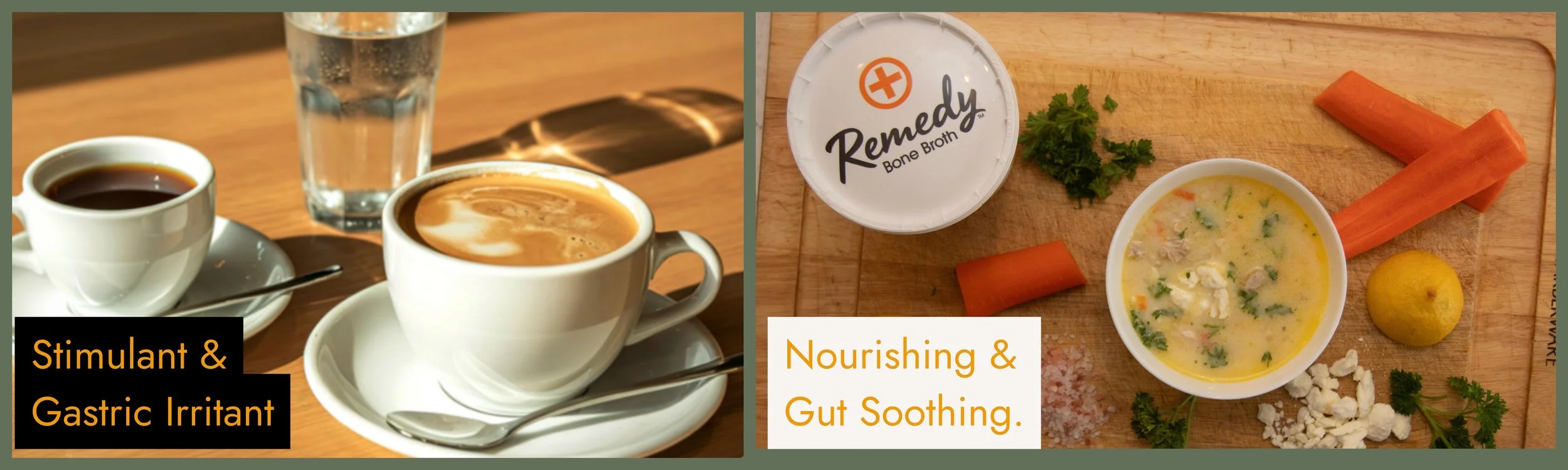 Comparison chart showing the effects of morning coffee versus bone broth on an empty stomach.