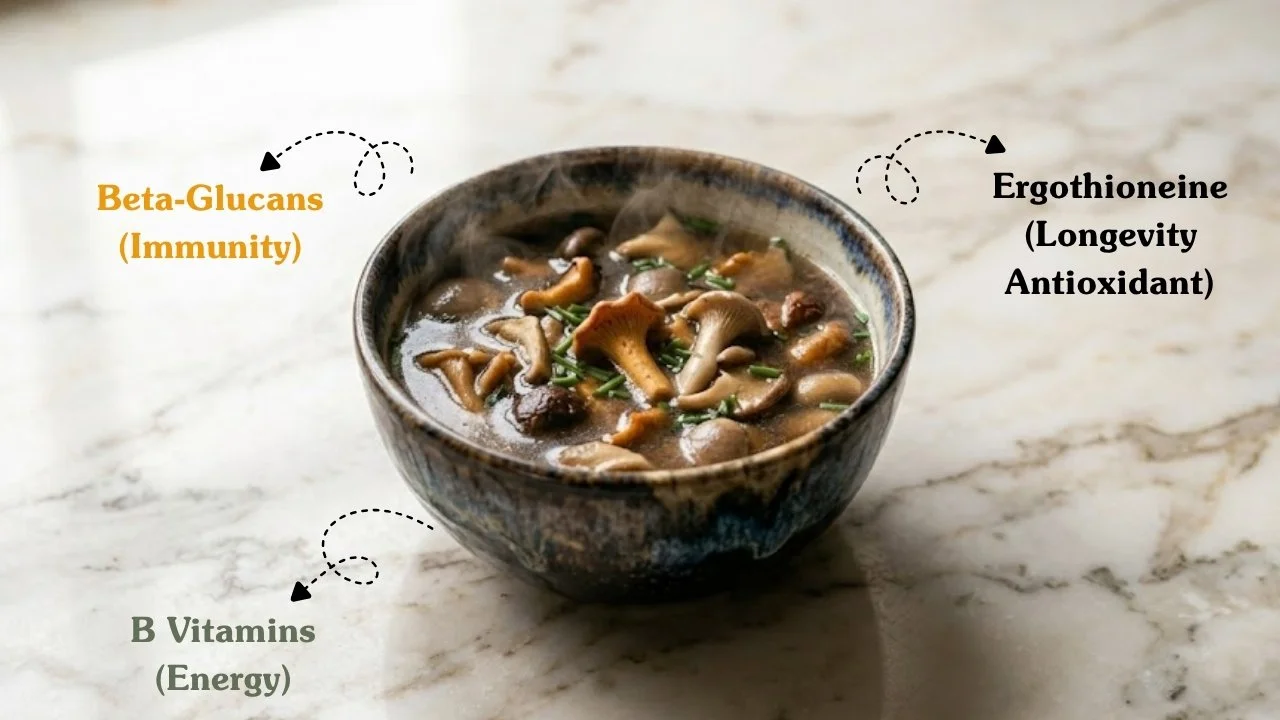 Infographic detailing the nutritional benefits of mushroom broth, including beta-glucans, ergothioneine, and B vitamins.