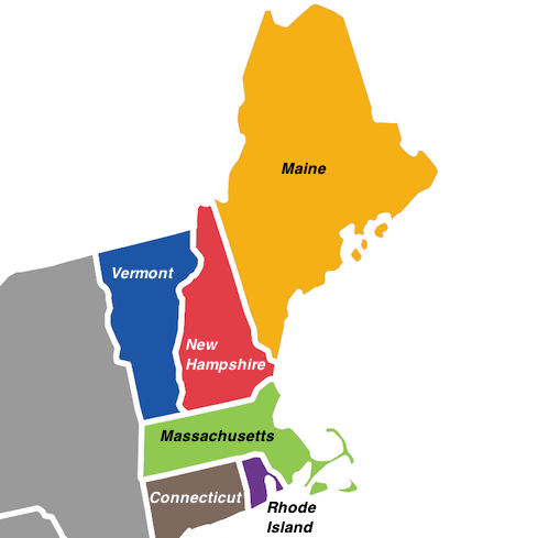 Map of New England states showing Maine in yellow, New Hampshire in red, Vermont in blue, Massachusetts in green, Rhode Island in purple, and Connecticut in gray.