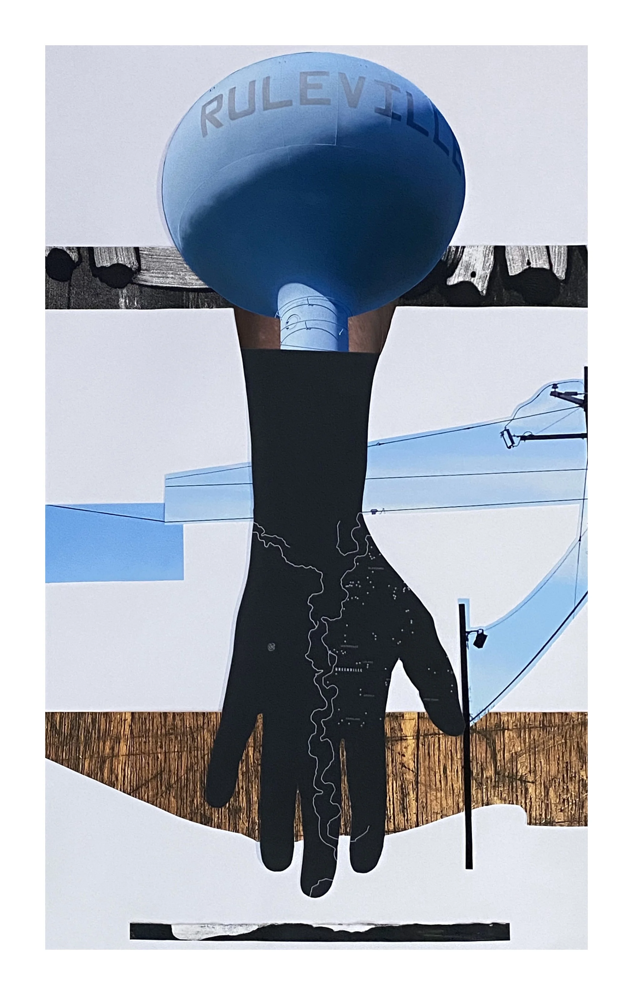 Mixed media collage including a large blue and black water tower with the word 'RULLEVILLE,' a silhouette of a human hand, and various abstract and photographic elements.