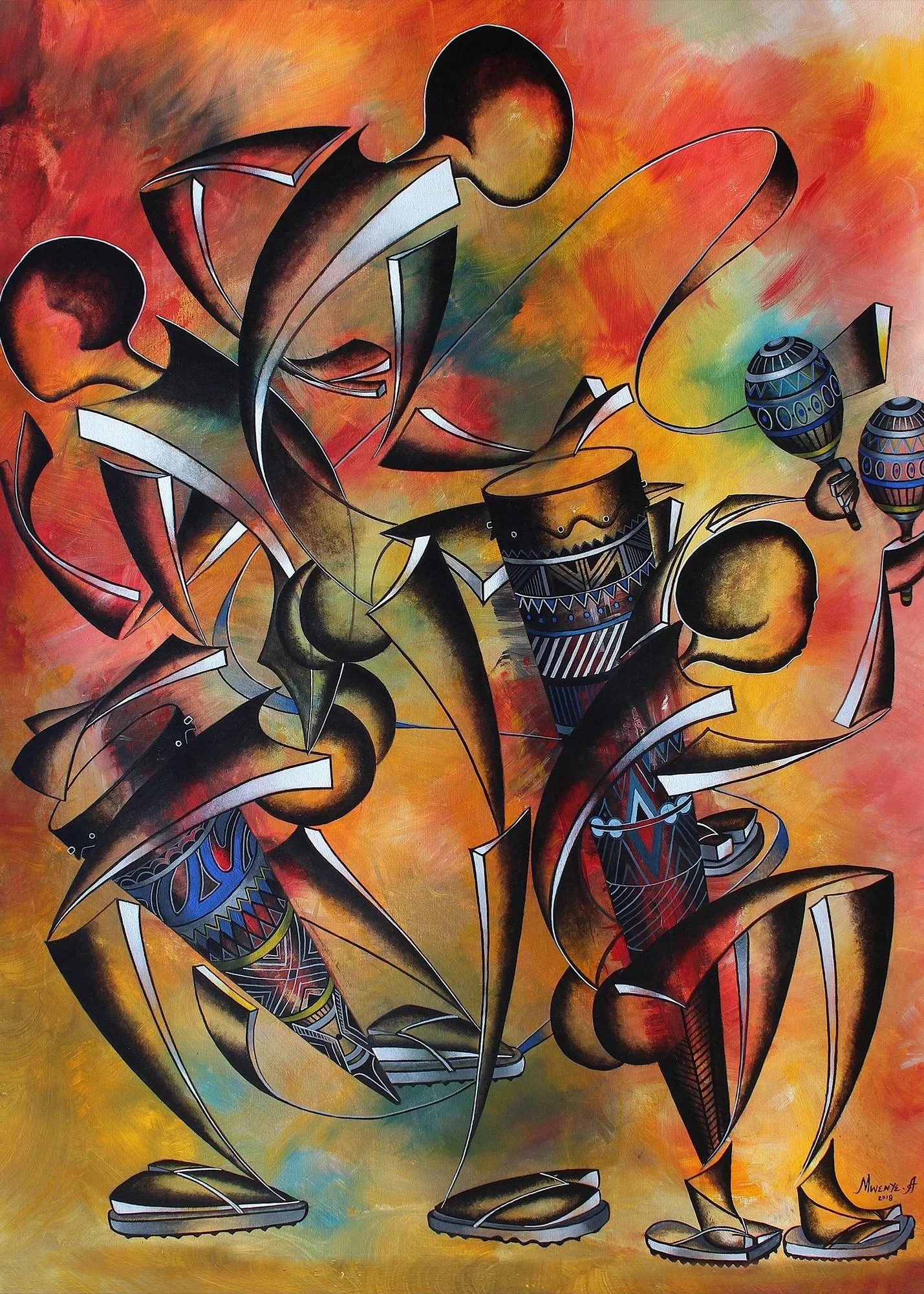 Abstract painting of two figures playing drums and maracas on a colorful background with orange, yellow, and green hues.