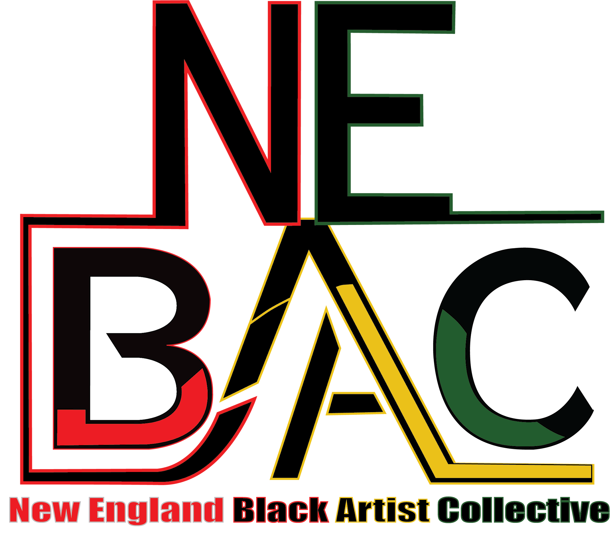 Colorful logo with the words 'New England Black Artist Collective' arranged in a geometric pattern with blocks of green, red, yellow, and black.