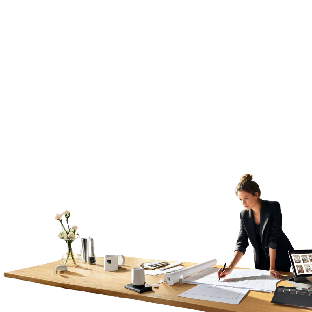 A woman in a dark blazer bent over a wooden desk, working on architectural blueprints with a pen, surrounded by office supplies, a vase with white flowers, a computer monitor with image thumbnails, and various coffee mugs.