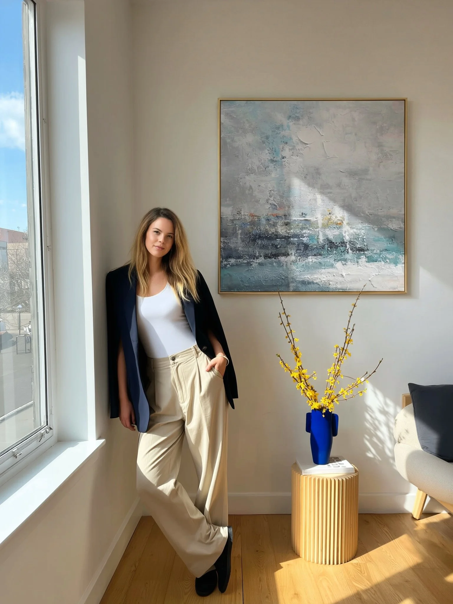 A young woman with long blonde hair leaning against a windowsill in a well-lit living room, wearing a black blazer, white top, and beige wide-leg pants.