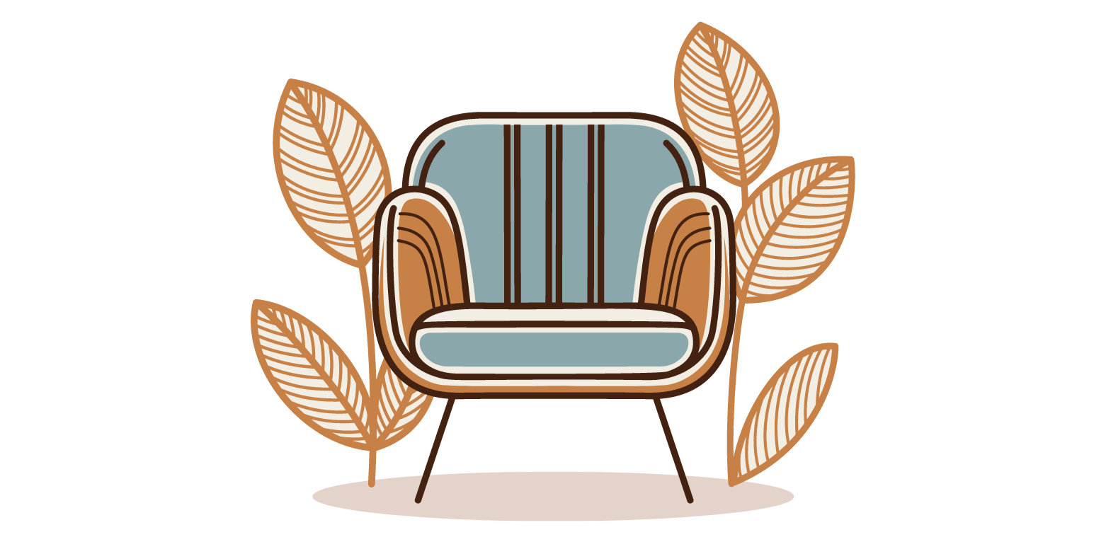 Stylized illustration of a vintage armchair with decorative leaves around it.