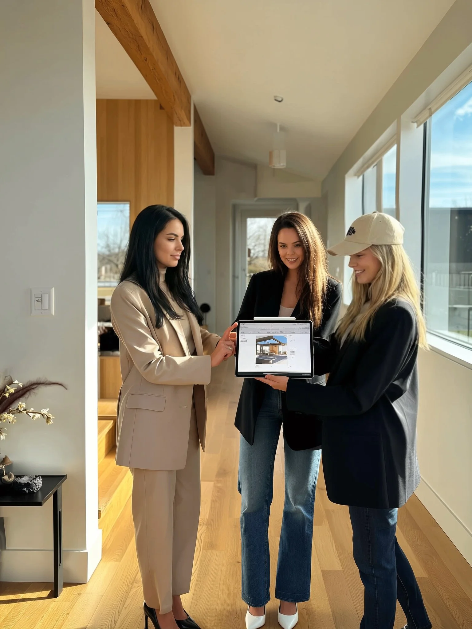 Three women in business attire discussing a house design on a tablet inside a modern home with large windows and wooden accents.