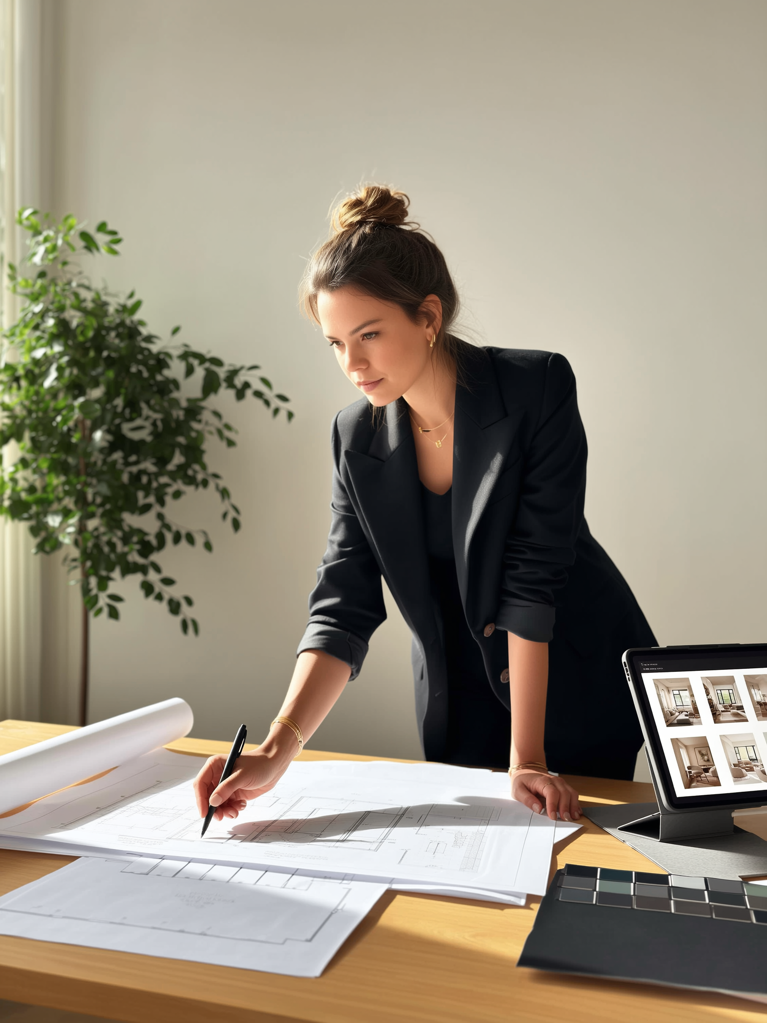A woman in a black blazer is leaning over a table, drawing or marking on architectural plans with a black pen. On the table are additional plans, a color swatch book, and a monitor displaying interior photos. There is a large green plant and a window in the background.