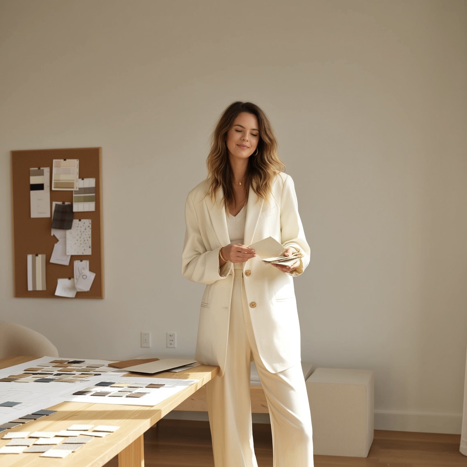 A woman with wavy brown hair wearing a white suit stands in a modern, minimalist office space holding papers. A table with fabric swatches and color samples is in front of her, and a corkboard with sample cards is on the wall behind her.