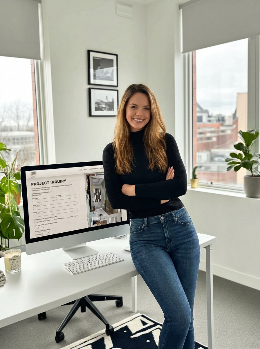 Woman standing in a modern office with a computer, window, and potted plants