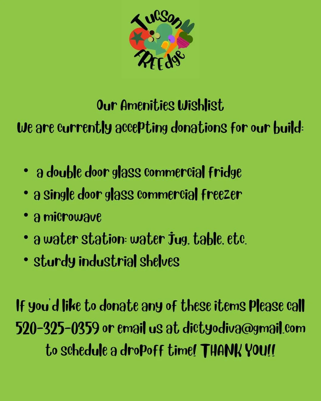 Although we are not accepting monetary or food donations yet, we are accepting physical donations for our build! Let us know if you have any of these items or if you want to purchase them for us! 🫐🍎🍉🍊

The &quot;Donate Stuff&quot; page on our web