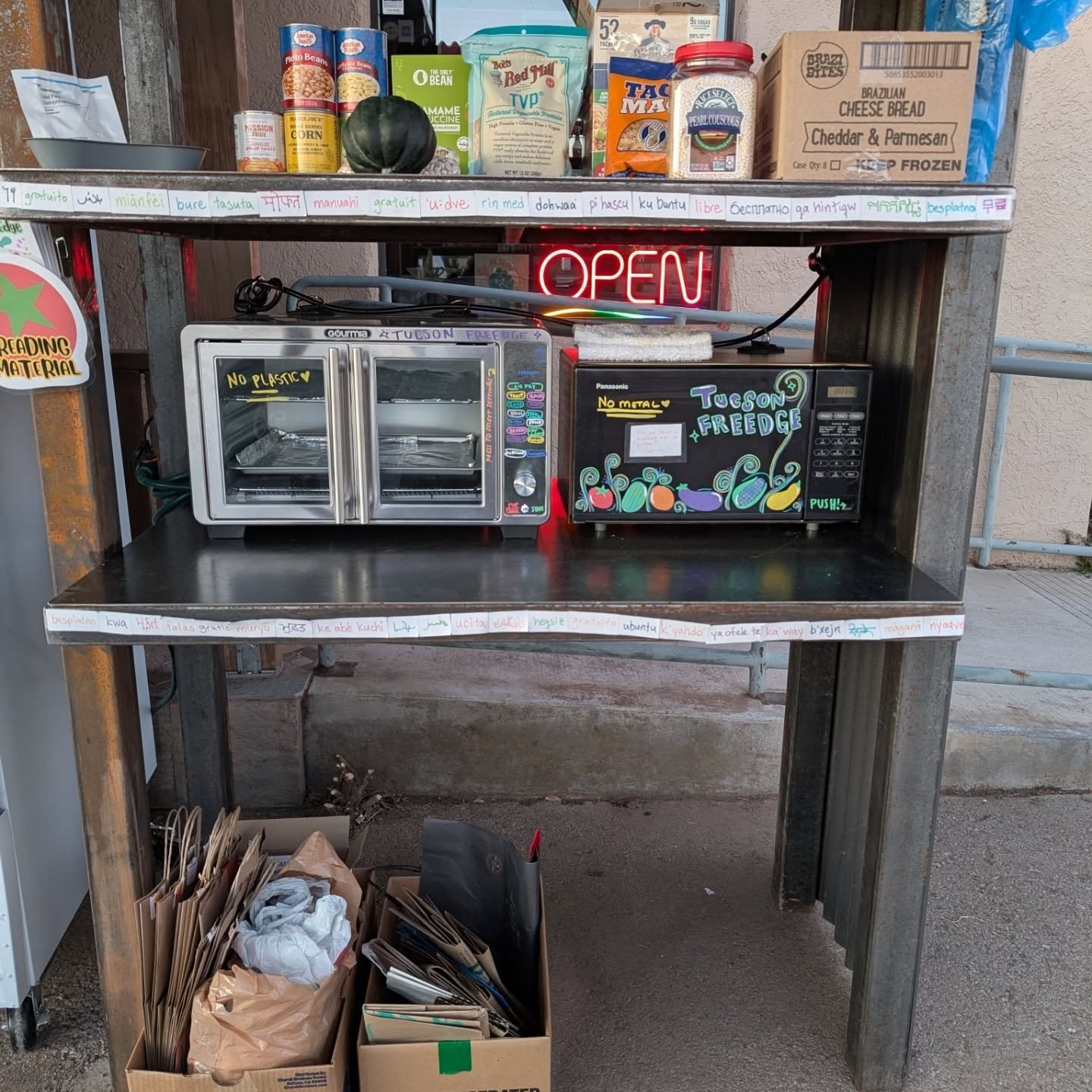 Yowzers! Thank you for the BAGS everybody! We seem to go through them FAST so please keep them coming!

And please welcome the newest members of the team -- our microwave and our little oven! Things are really starting to come together!

Inventory at