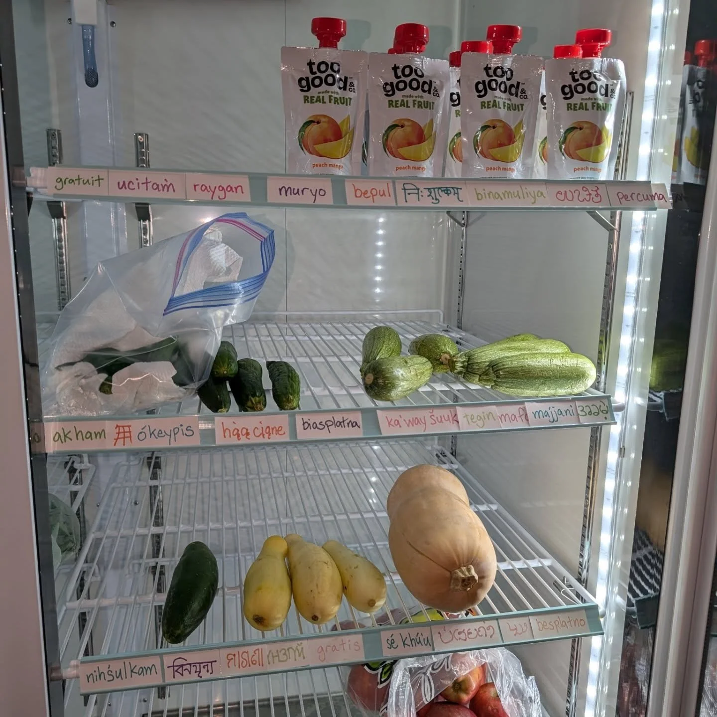 Thank you to everyone bringing and receiving donations! You've all been so lovely to meet!

State of the FREEdge about 6:30 on Tuesday:

Milk, yogurt, eggs, fruit pouches, butternut squash, yellow squash, a big thing of diced tomatoes, cherry tomatoe