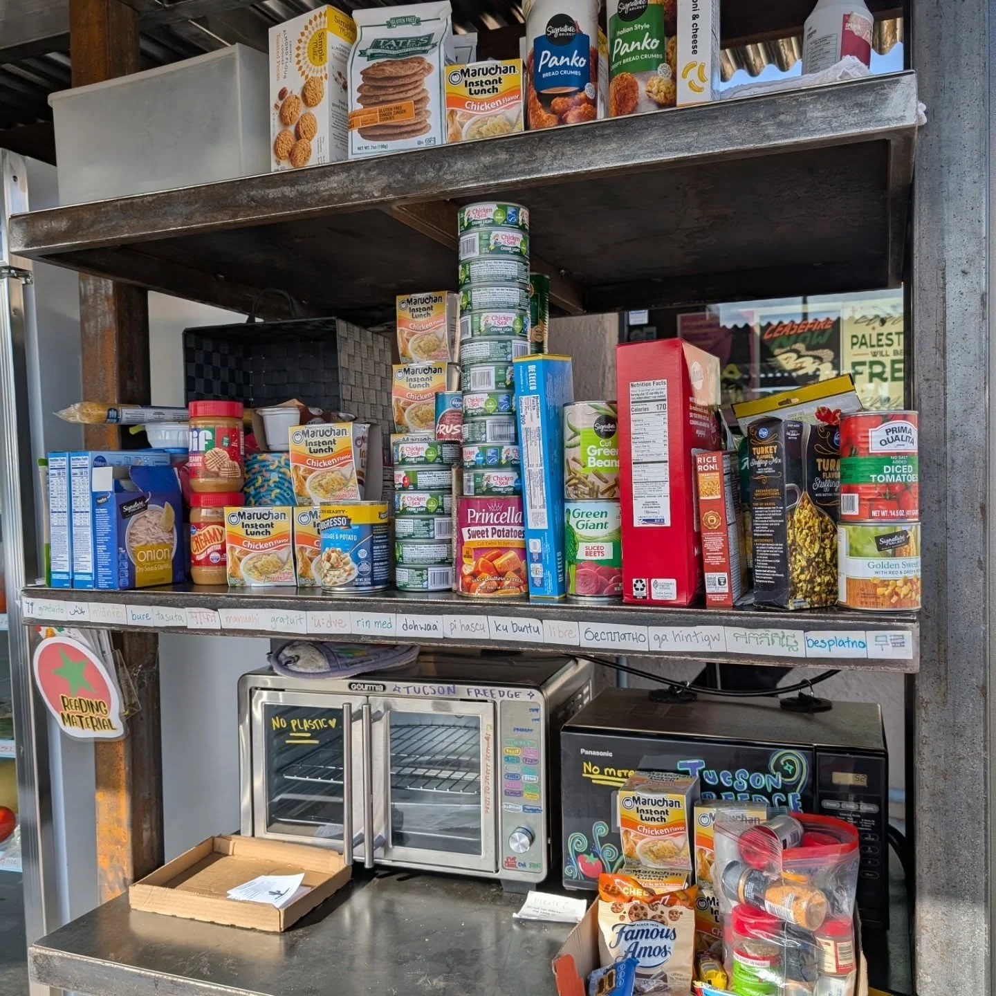 Woohoo!! Check out these overflowing pantry shelves Tucson! Amazing! Thank you to all the folks bringing food today -- you are appreciated! 💓💓💓

Pantry shelf has TOO MUCH for me to list! There's some of everything!

Fridge &amp; freezer: some vegg