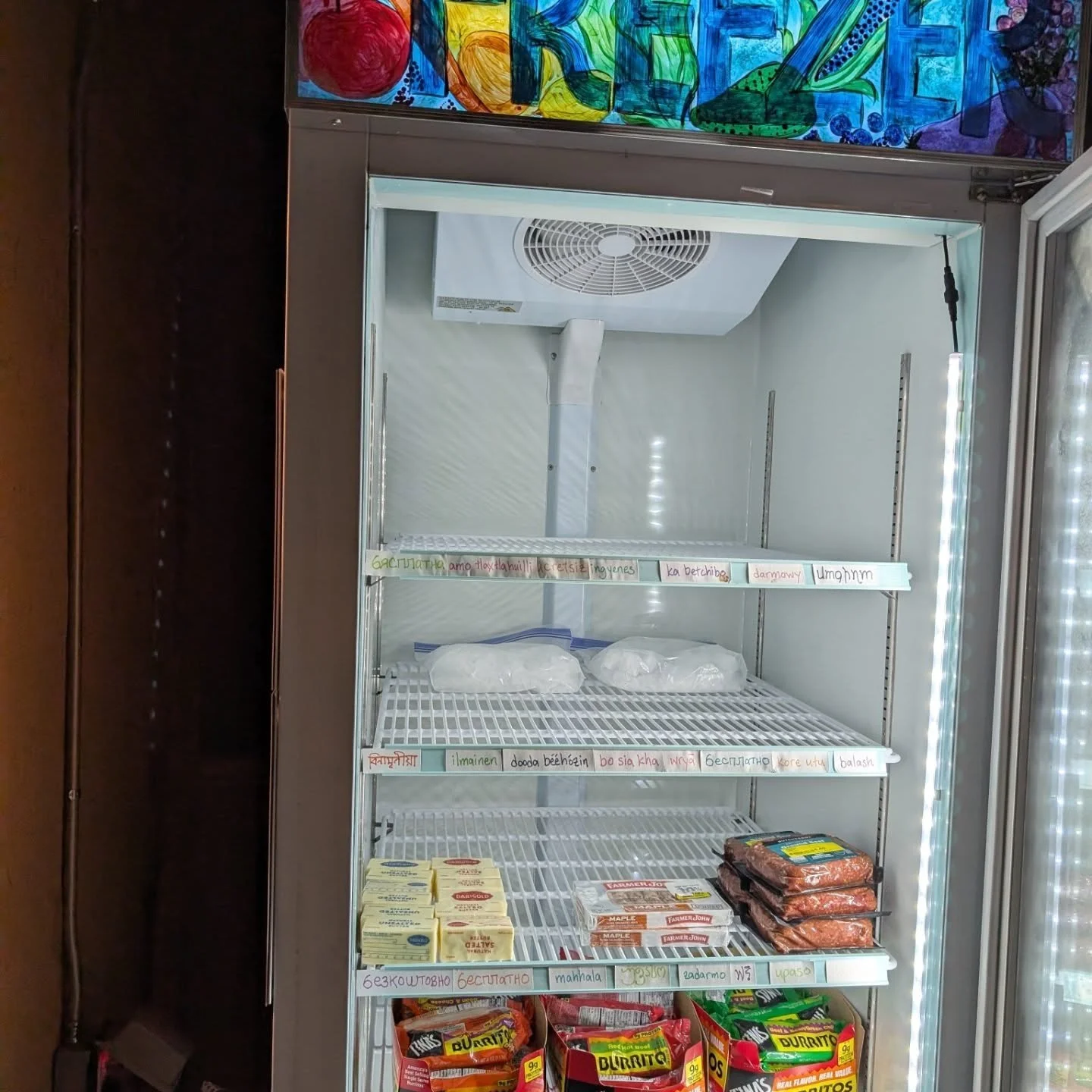 So grateful to have all these donations rolling in! And check out the beautiful new FREEzer signage!! We can't wait for the FREEdge one to be done! 😁 Eeeeee!!

A nice selection for you nightowls:

FREEzer: 3 kinds of burritos, butter, ground beef &a