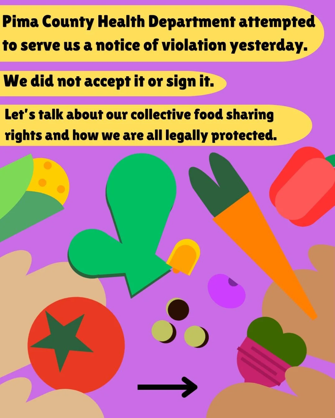 Pima County Health Department attempted to serve us a notice of violation yesterday.

We did not accept it or sign it.

Let&rsquo;s talk about our collective food sharing rights and how we are all legally protected. (Caption continues in the comments