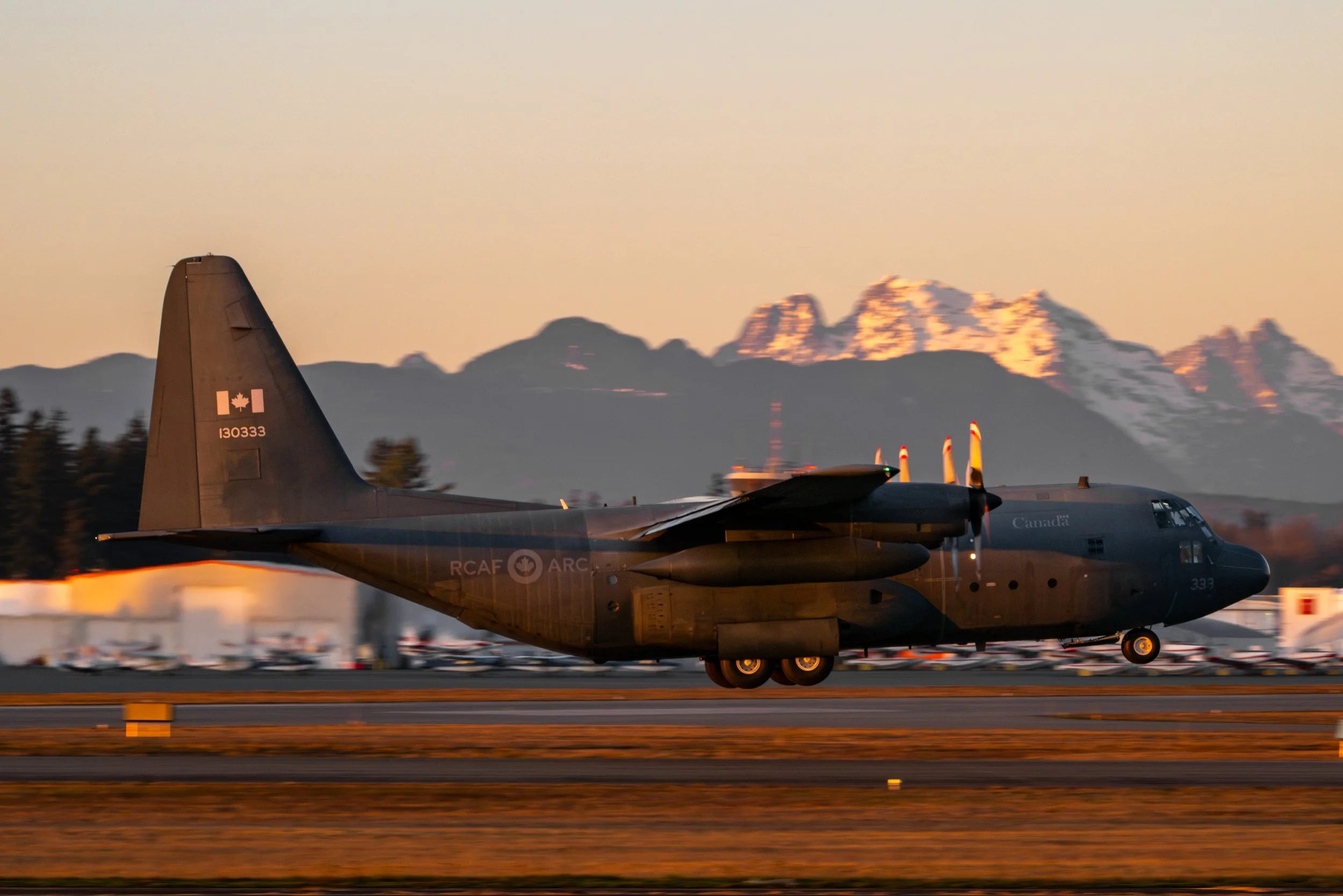 A Royal Canadian Air Force (RCAF) CC-130H (333) Hercules landing at Abbotsford International Airport (YXX) to be parked for long term storage