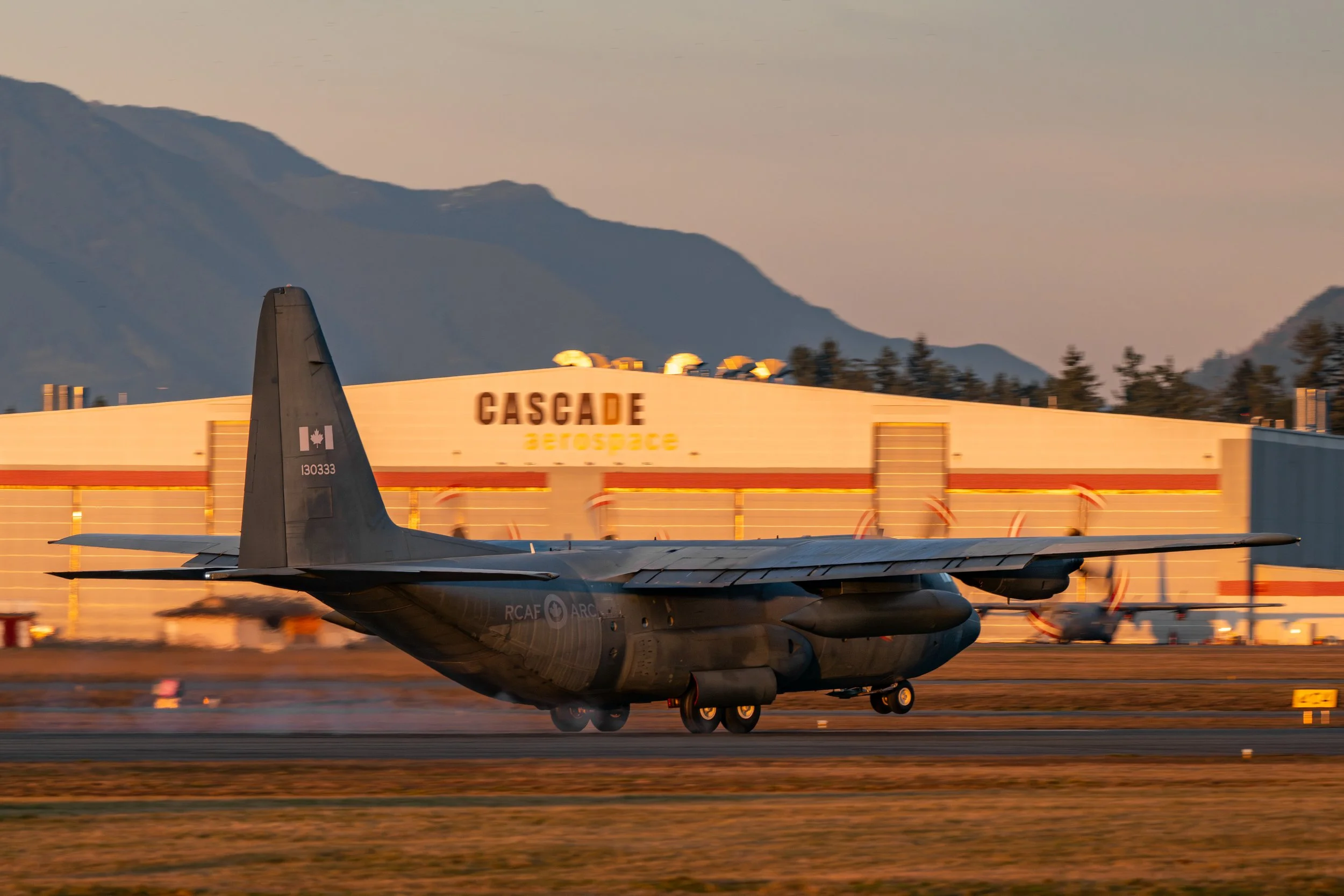 A Royal Canadian Air Force (RCAF) CC-130H (333) Hercules landing at Abbotsford International Airport (YXX) to be parked for long term storage