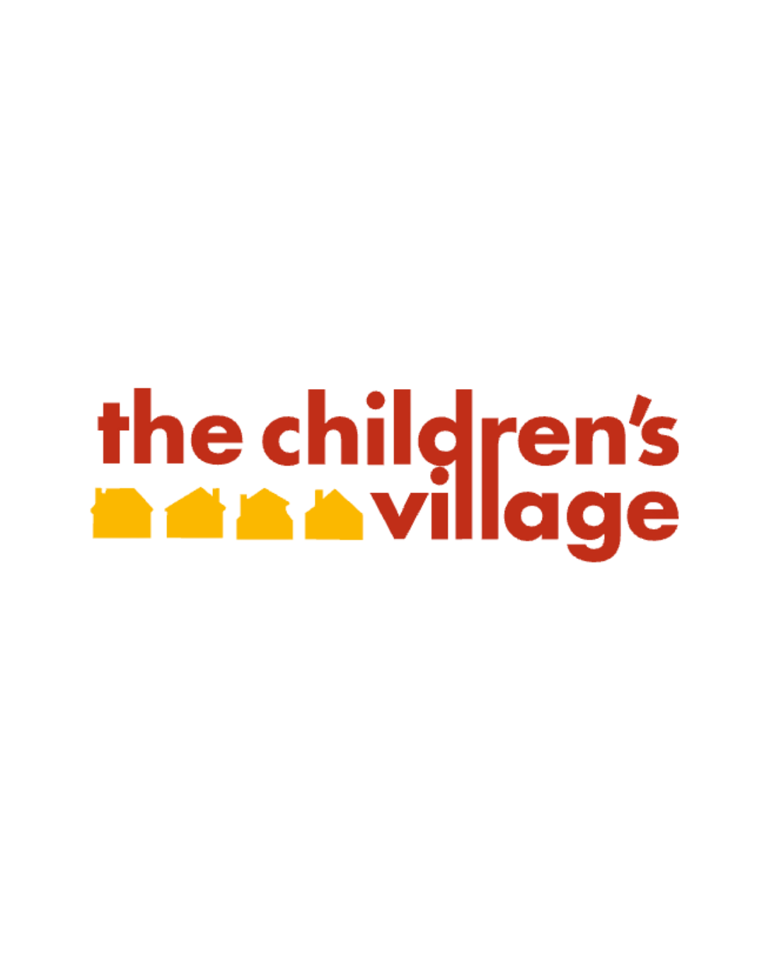 Logo with a figure of a child holding a teddy bear, and the text "the children's village" with yellow house icons underneath