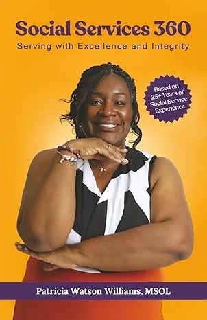 Brochure cover for Social Services 360 featuring Patricia Watson Williams, MSOL, with a yellow and purple background and a photo of her smiling.