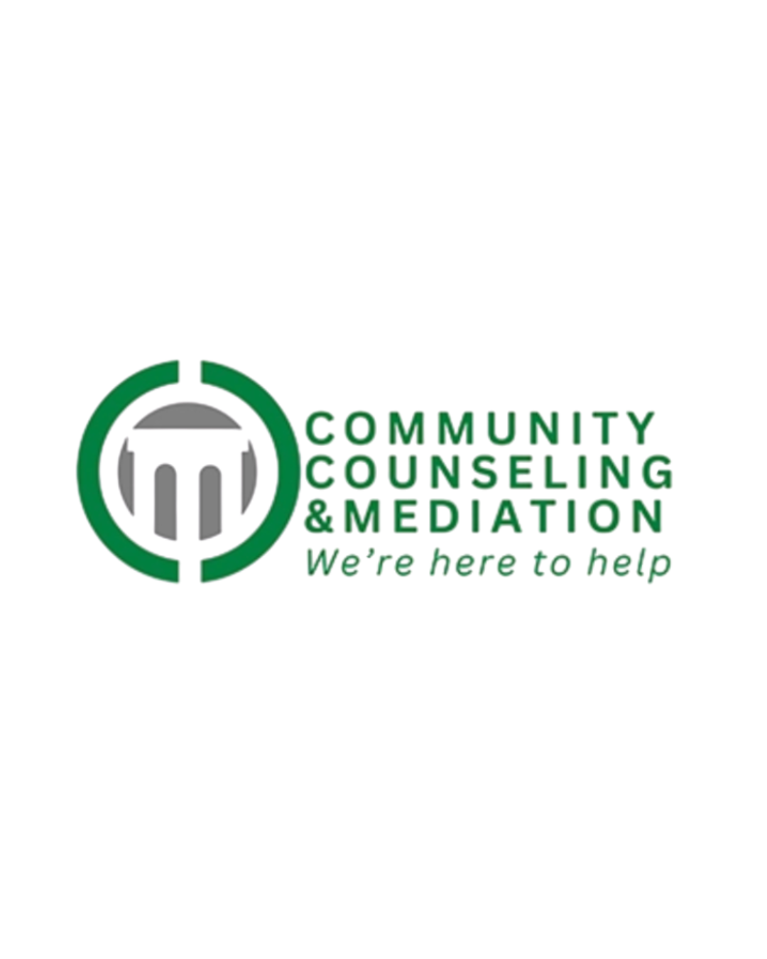 Logo for Community Counseling & Mediation with a green cross and the slogan 'We're Here for You!'