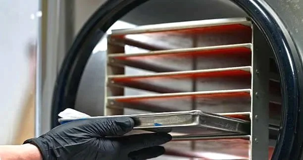 A person wearing a black glove placing a tray inside a commercial freeze drier with multiple racks.