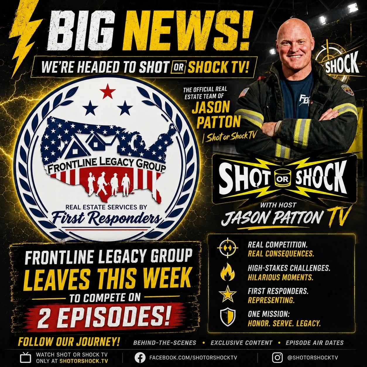 BIG NEWS. ⚡️

This week, Frontline Legacy Group is heading out to compete on TWO episodes of Shot or Shock TV with host Jason Patton.

What started as a mission to help first responders build wealth through real estate has grown into something much b