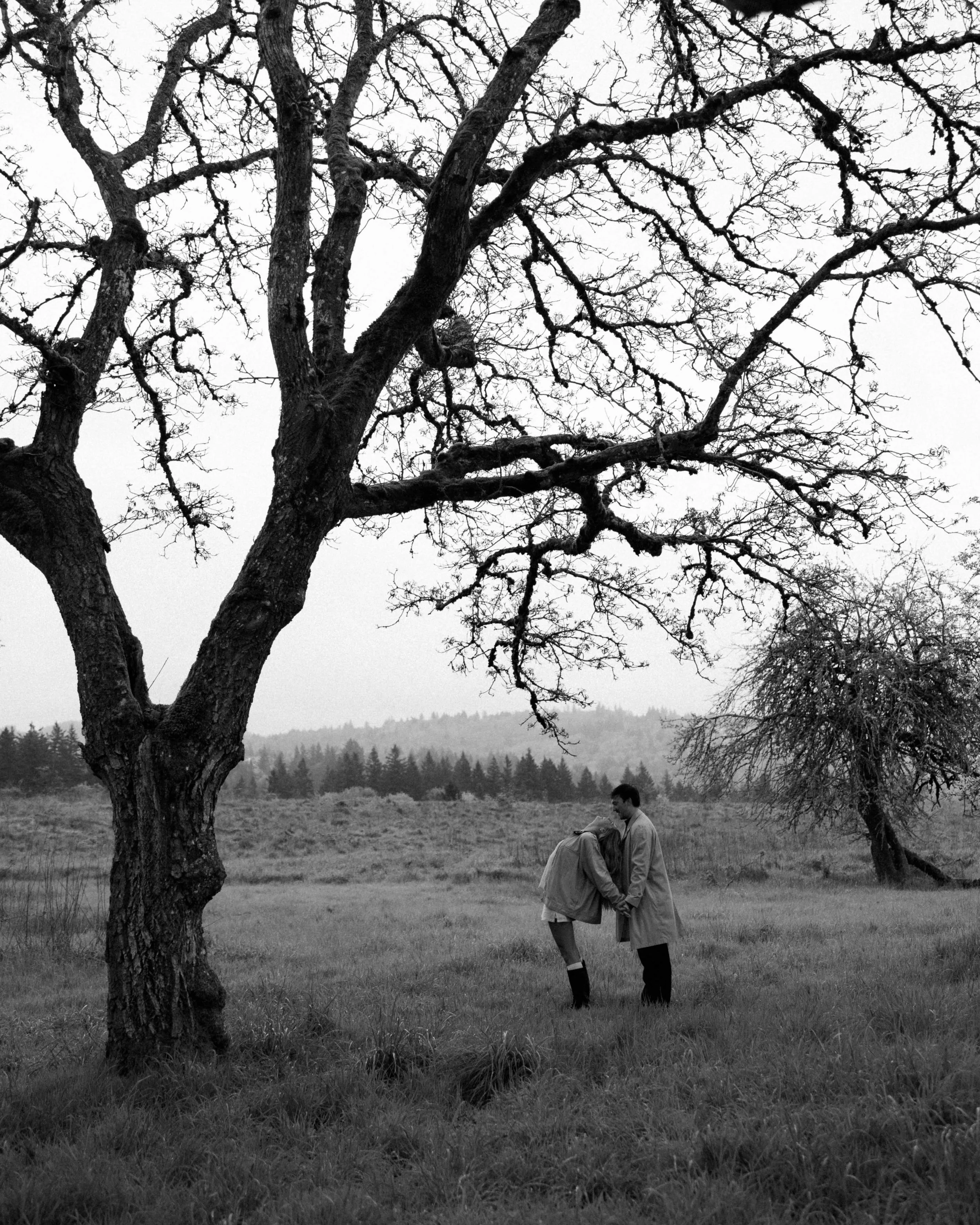 A black and white photo of a leafless tree with a man and woman standing below it, looking at each other in a natural landscape with grass and distant trees in the background.