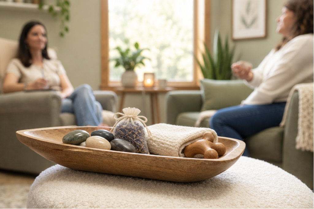 Decorative wooden tray on a soft white blanket holds stones, a lavender sachet, a rolled towel, and a massage roller. In the background, two women are seated on couches in a cozy, well-lit room, engaged in conversation.