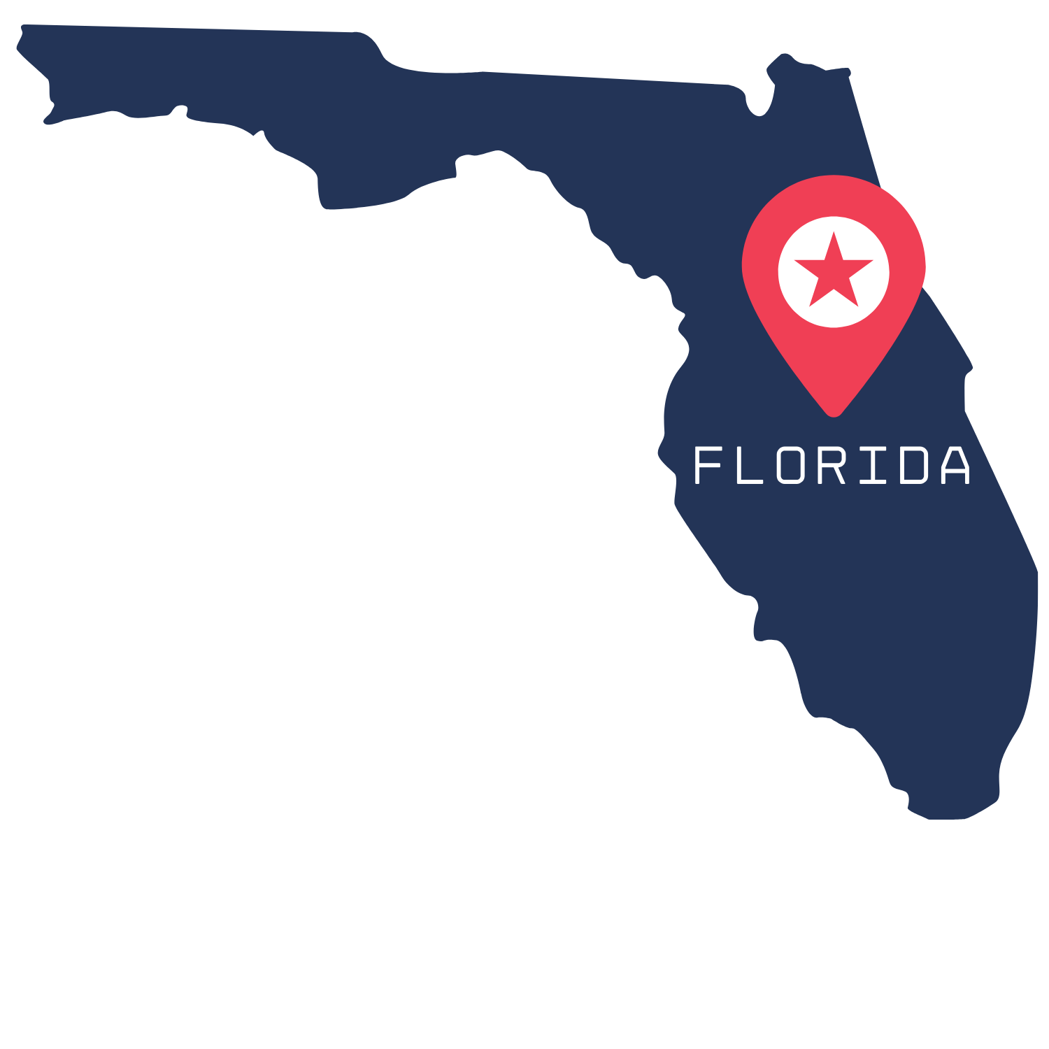 Map of Florida with a location marker and star over the southeastern part of the state, labeled 'Florida'.