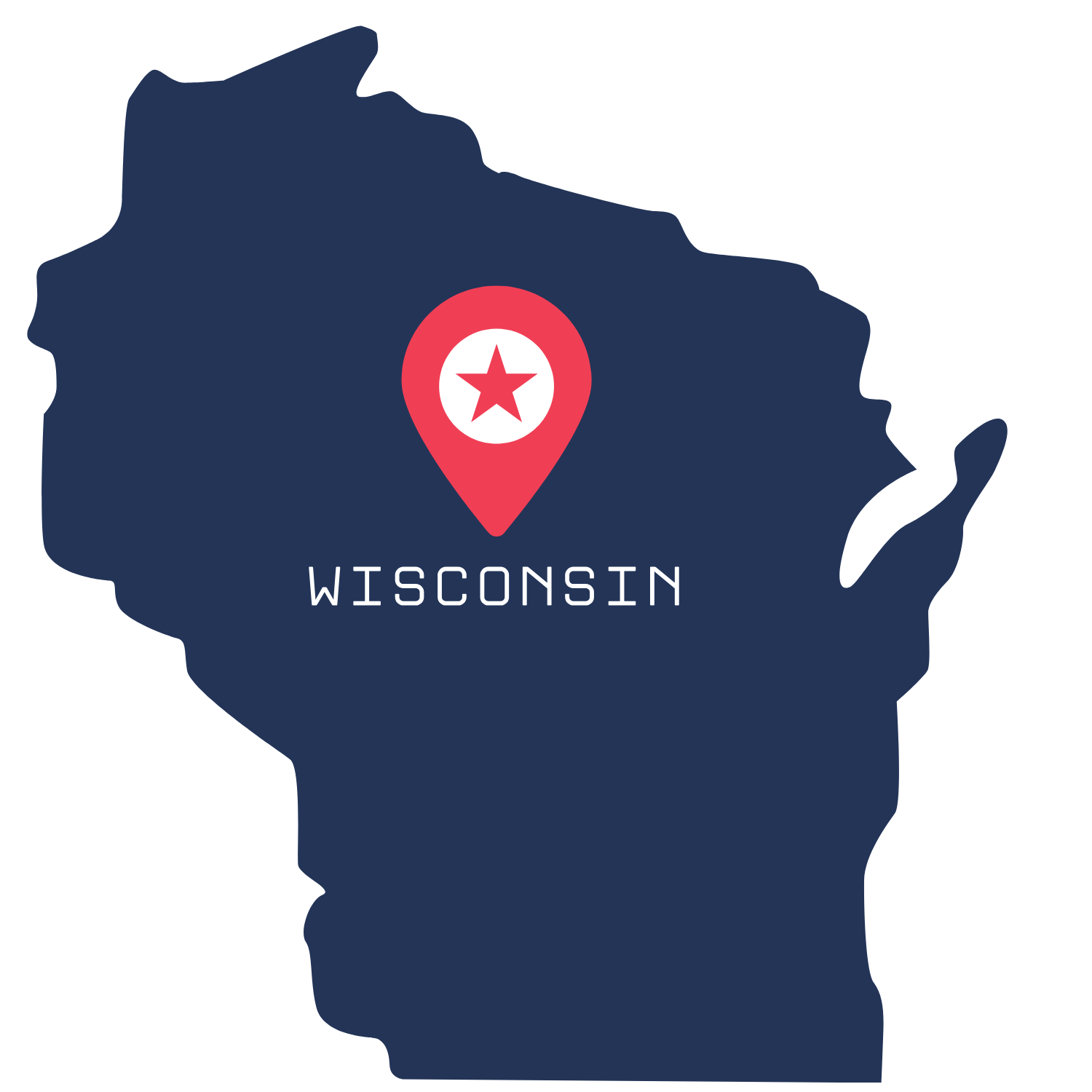 Map of Wisconsin with a location pin marked with a star and the word Wisconsin below.