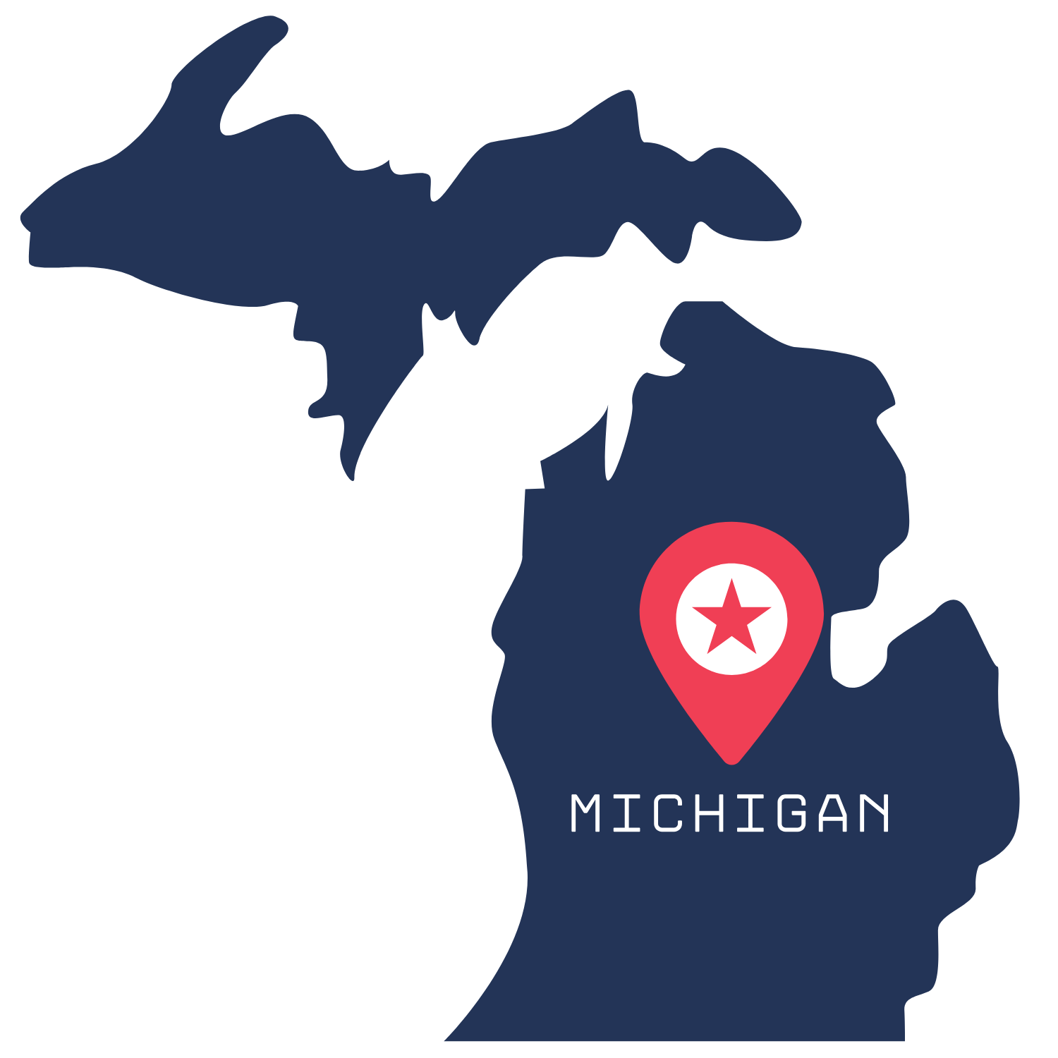 Map of Michigan with a location marker over the state and a star inside, labeled 'Michigan'.