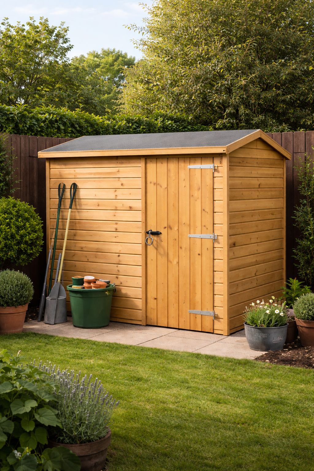 A wooden garden shed with a gray roof, situated on a concrete pad in a garden with green plants and potted flowers. Garden tools and pots are leaning against the shed, and a green bucket with small plant pots is nearby.