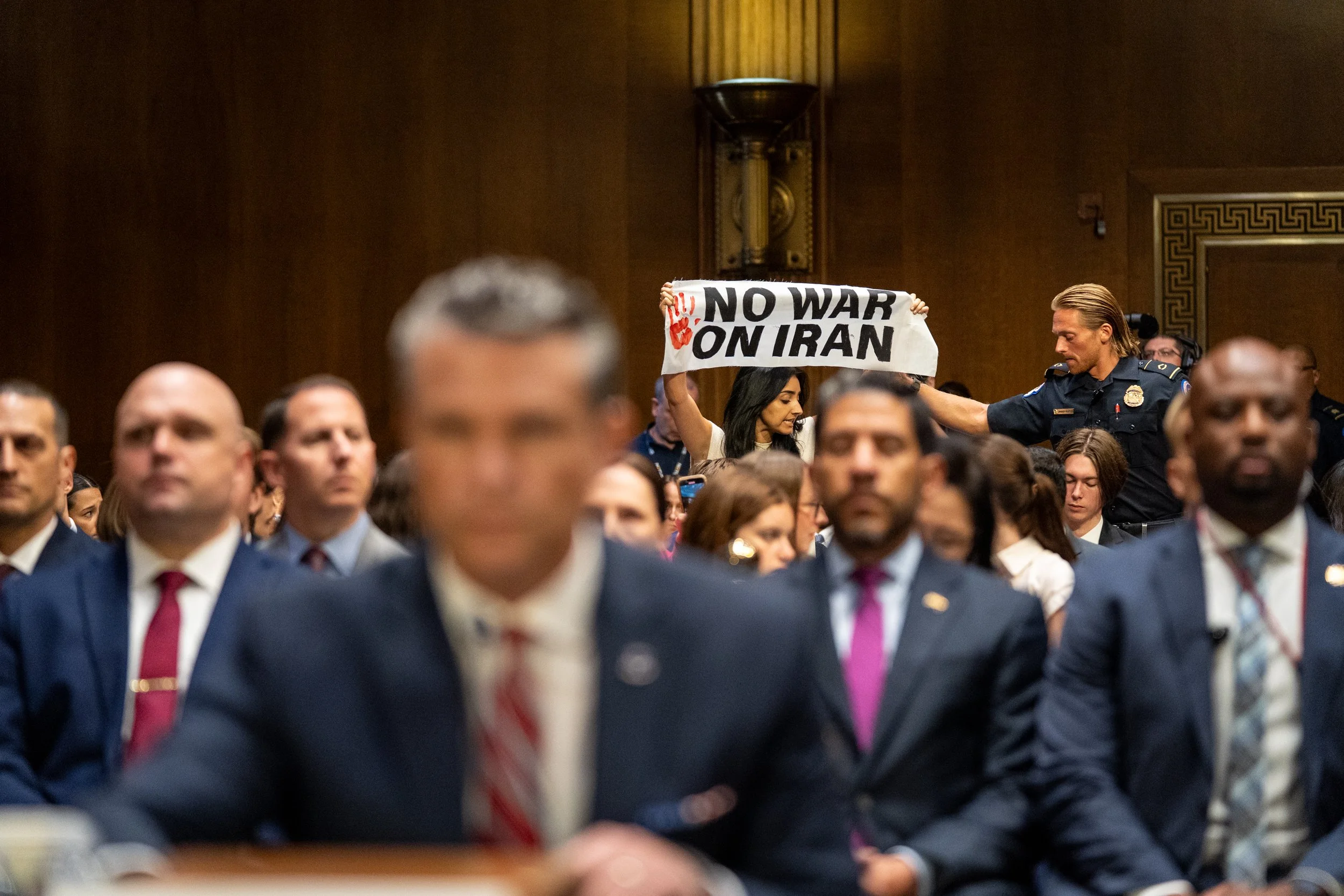 A protestor apart of the origination “Code Pink” protest the war in Iran during Secretary of Defense Peter Hegseth’s testimony during the Senate Appropriations Committee hearing to review of the President’s supplemental funding request at the U.S. Ca