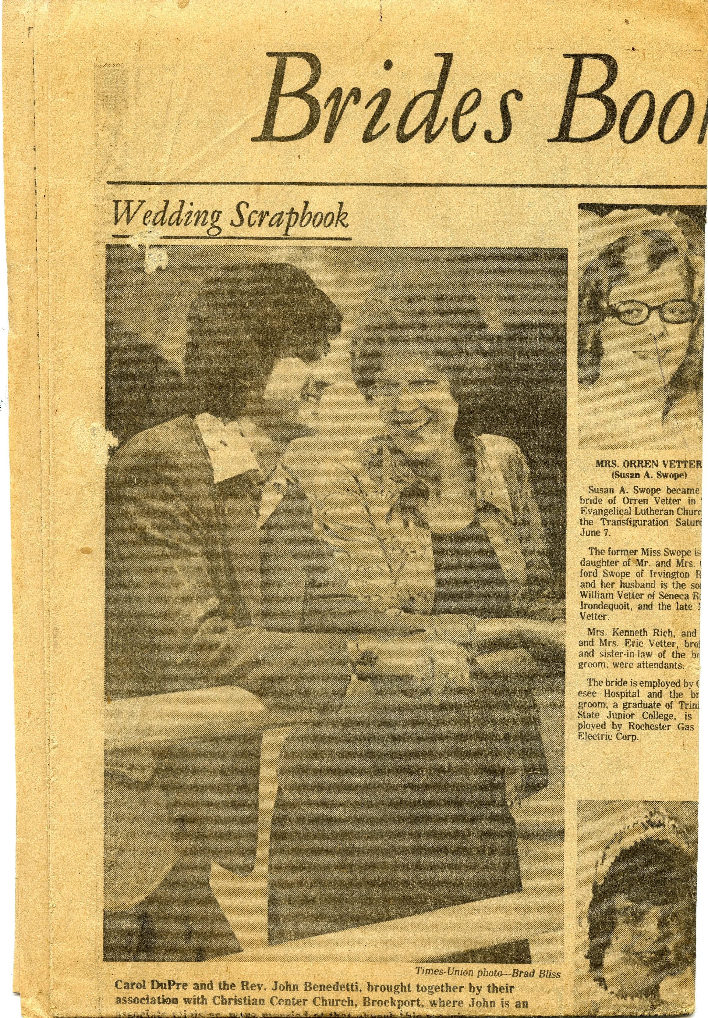 A newspaper clipping of the "Brides Book" accountant of Carol and John's newlywed marriage.