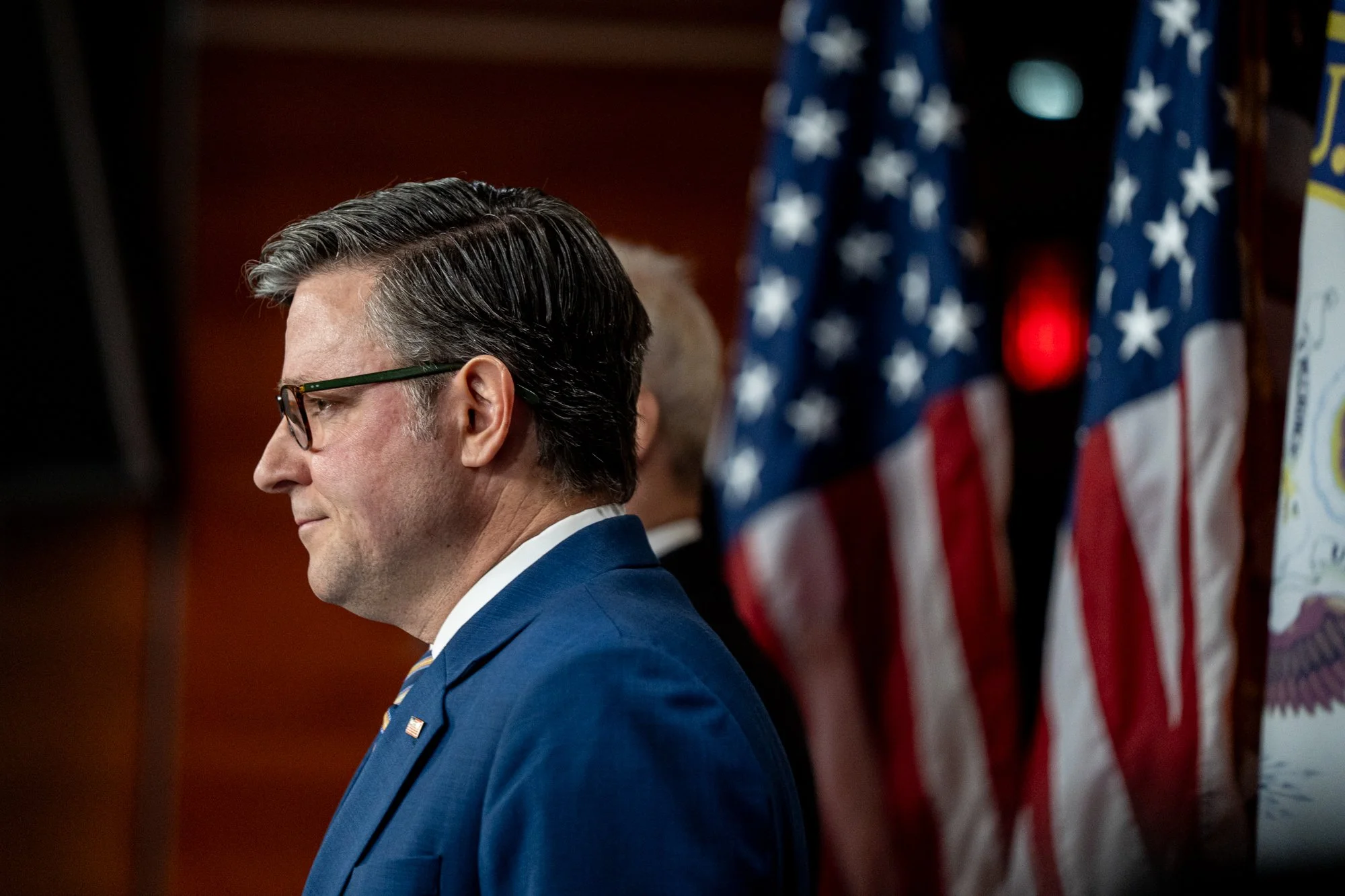 Speaker of the House Mike Johnson (R-La.) looks toward the press during a press conference at the U.S. Capitol in Washington, D.C. on June 18, 2026.