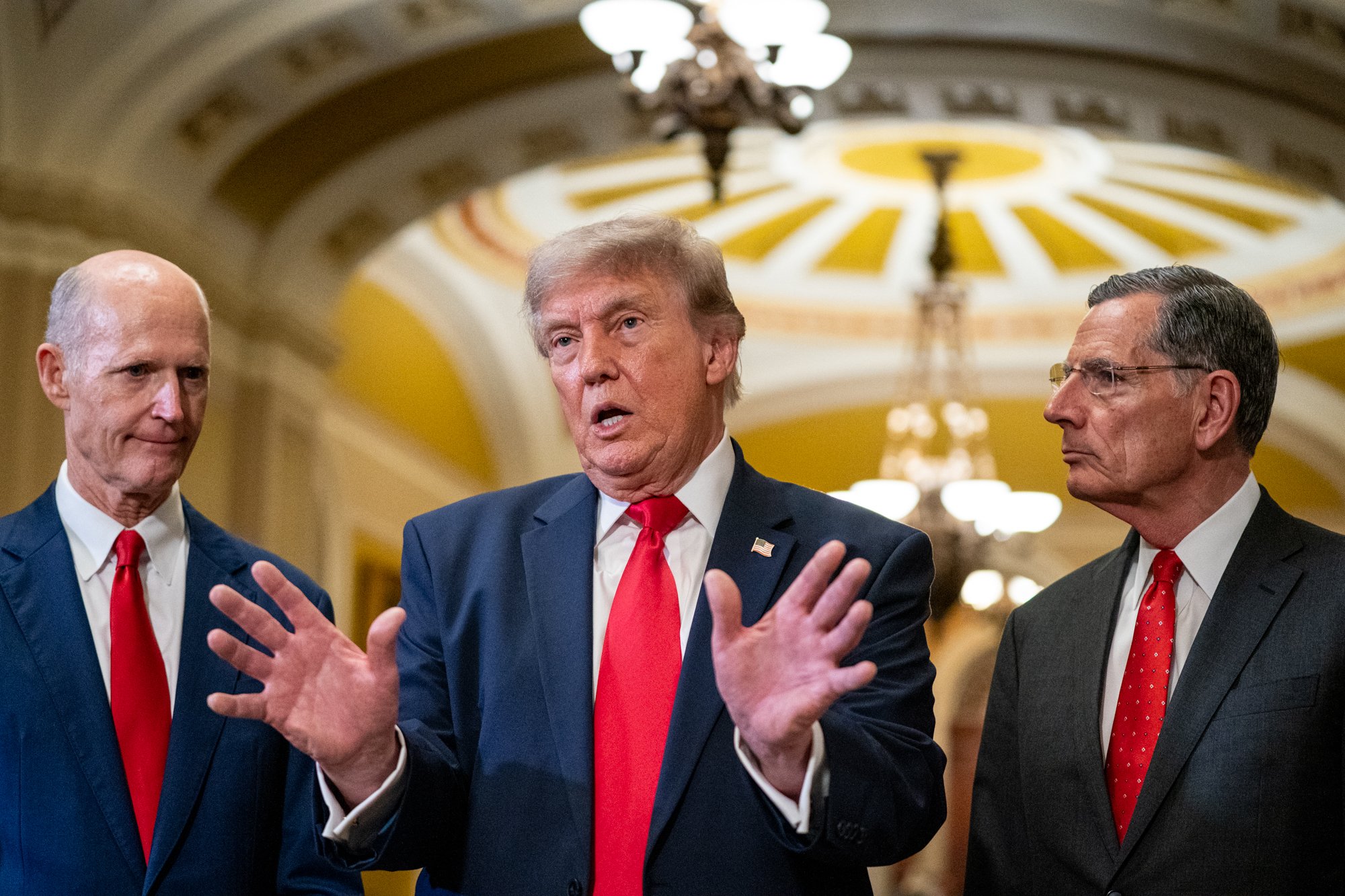 President Trump speaks with reporters alongside Sen. Rick Scott (R-Fla.) following a Senate Republican Steering Committee luncheon at the U.S. Capitol in Washington, D.C., on Wednesday, June 24, 2026.