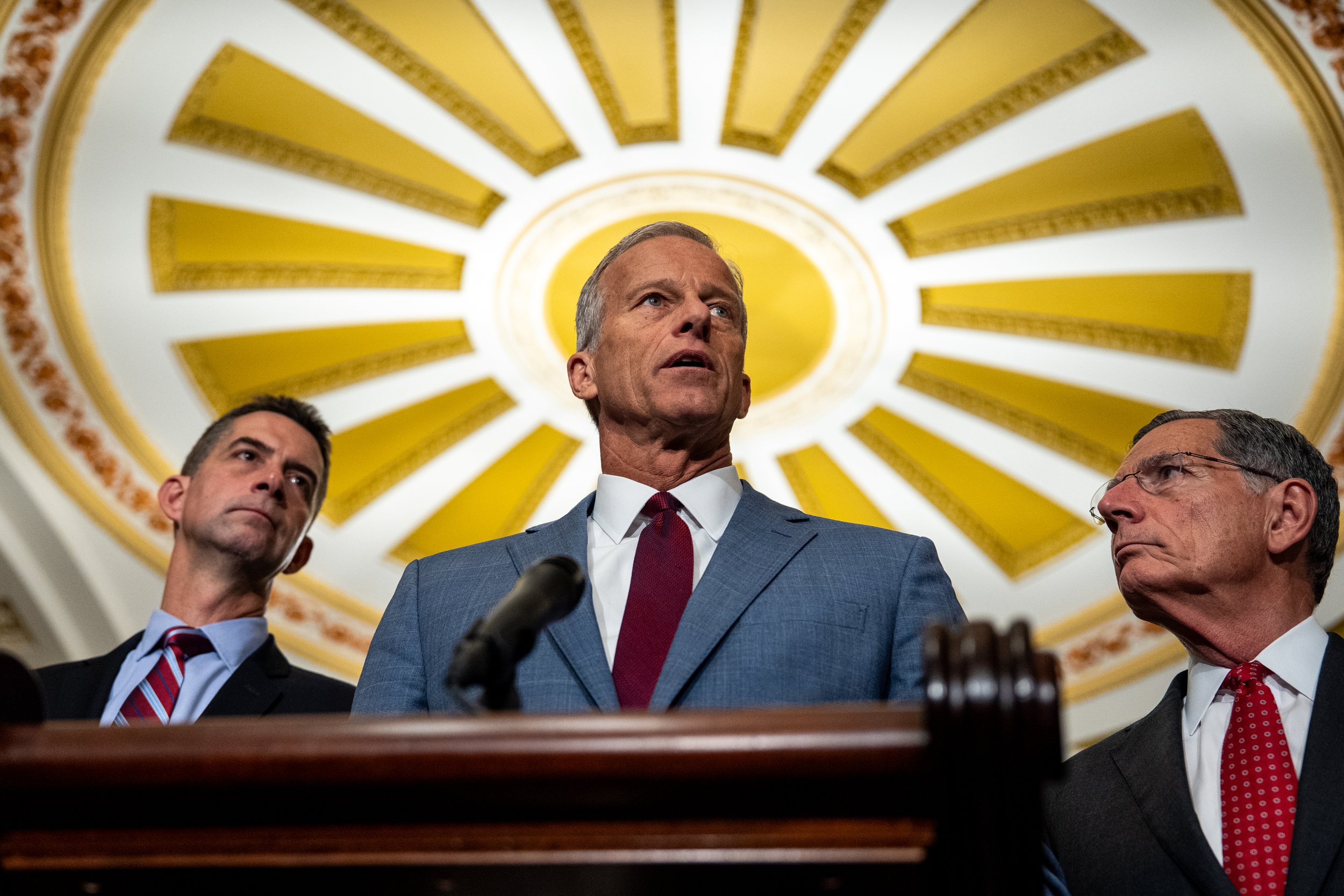 Majority Leader John Thune (R-S.D.) addresses reporters while joined by Sen. Tom Cotton (R-Ark) and Sen. John Barrasso (R-Wyoming.) during a weekly post-luncheon press conference at the U.S. Capitol in Washington, D.C., on Wednesday, July 29, 2026. (