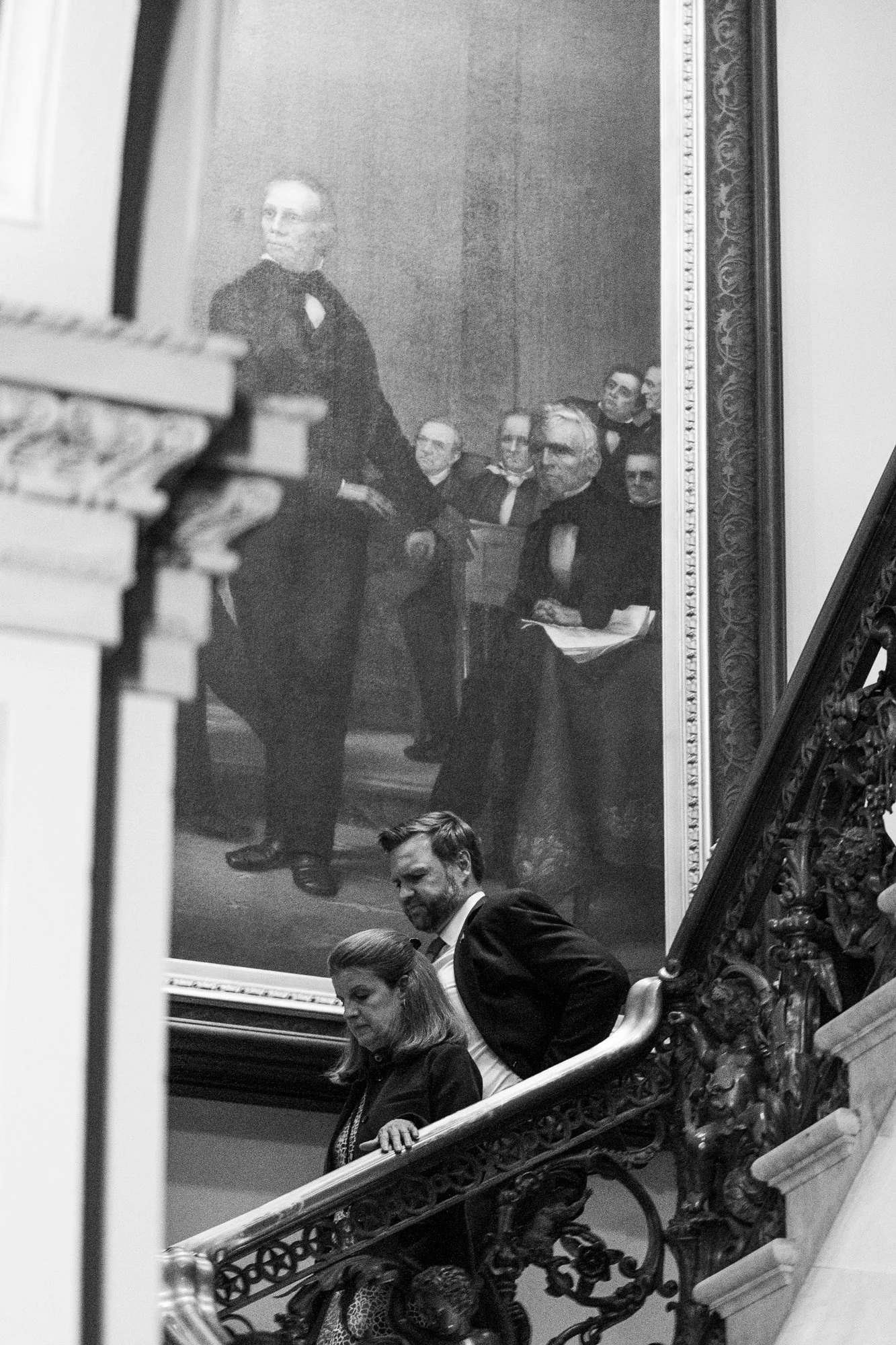 Vice President Vance walks down a staircase beneath a painting inside the U.S. Capitol in Washington, D.C. on Aug. 6, 2026.